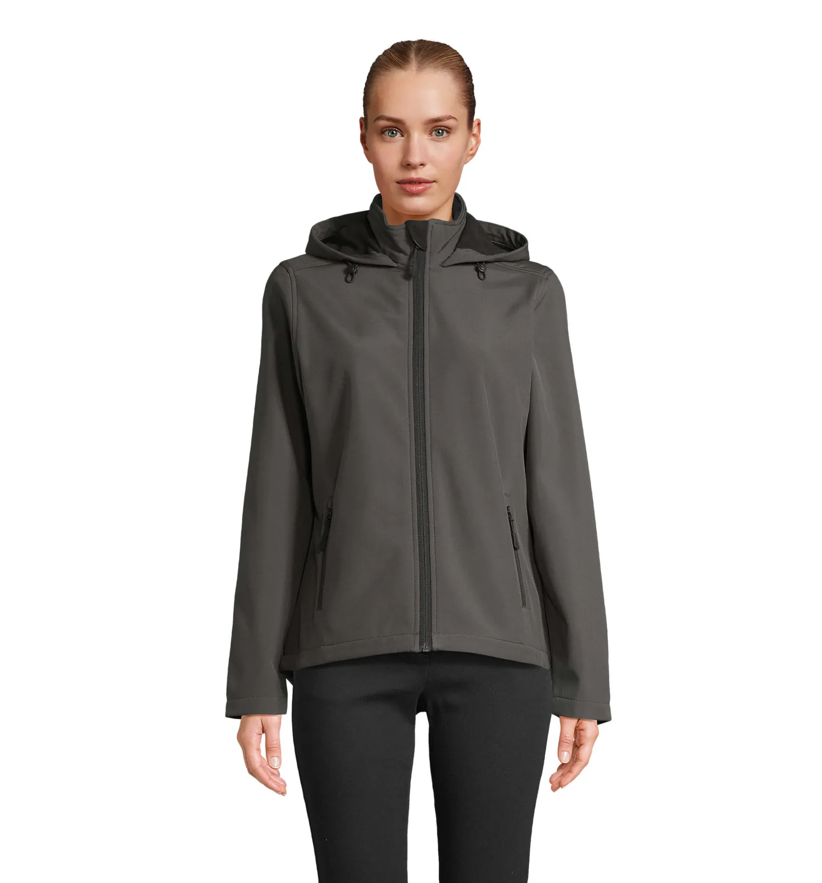 Softshell SOL'S Race Hooded Women, Charcoal grey, su modello, fronte