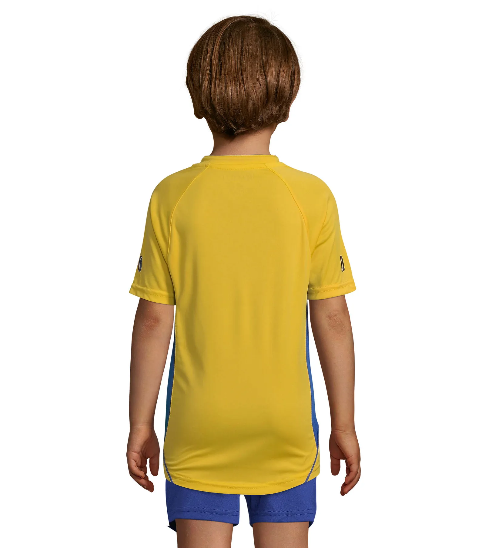 T-shirt tecnica SOL'S Maracana 2 Kids Ssl, Lemon/royal blue, su modello, retro