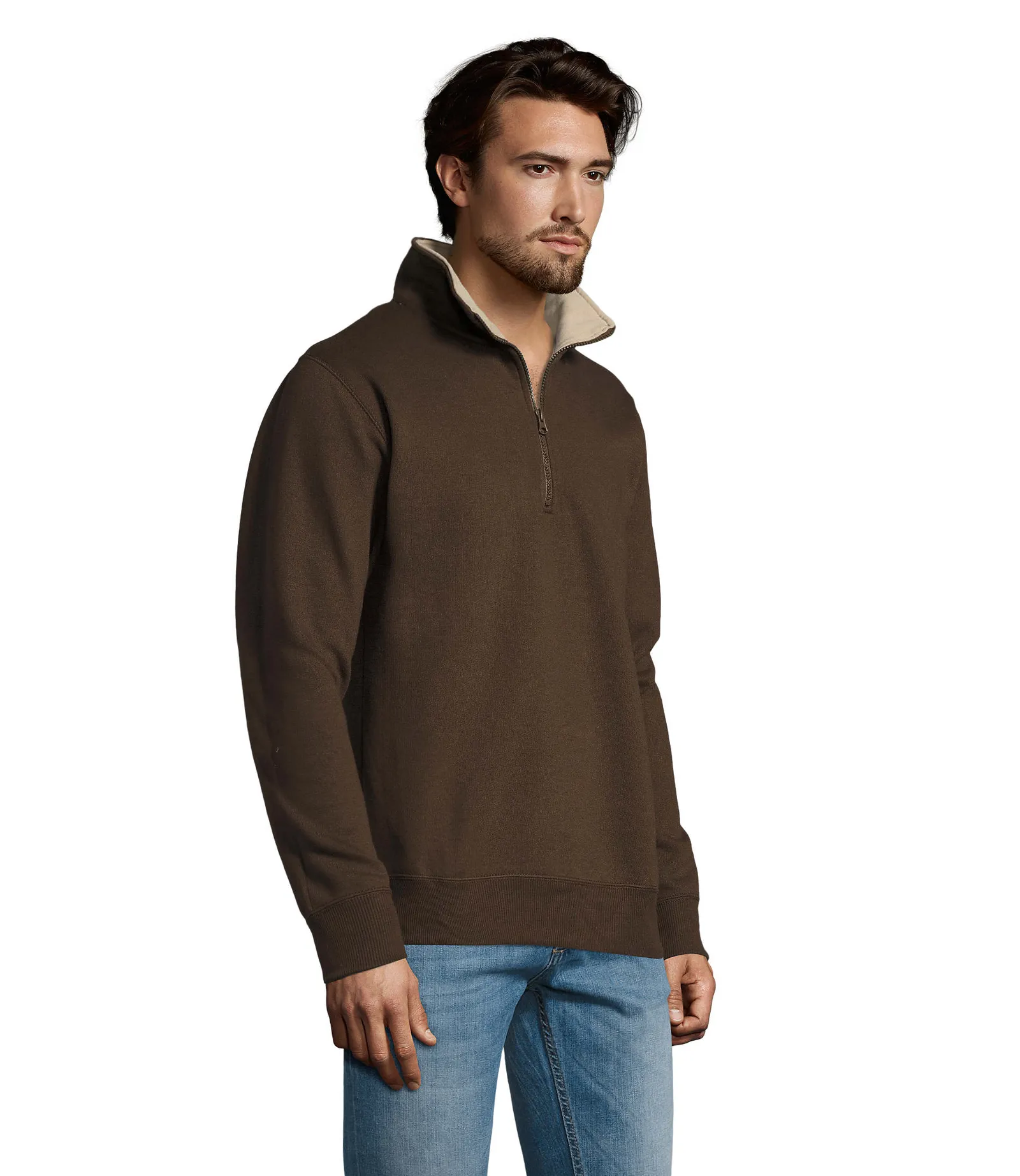 Felpa con zip SOL'S Scott, Chocolate, su modello, lato