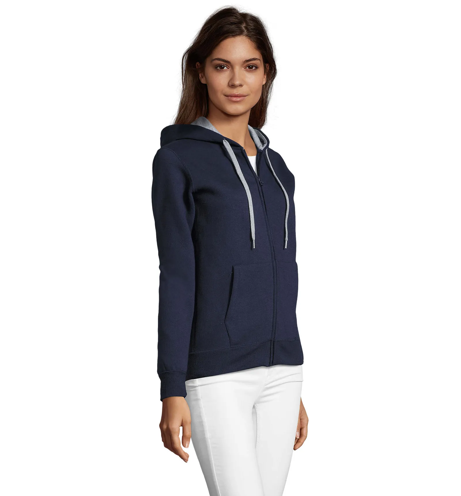 Felpa con zip e cappuccio SOL'S Soul Women, French navy, su modello, lato