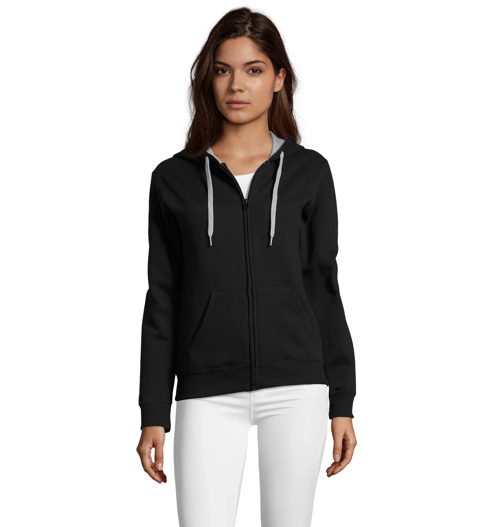 Felpa con zip e cappuccio SOL'S Soul Women, Black, su modello, fronte