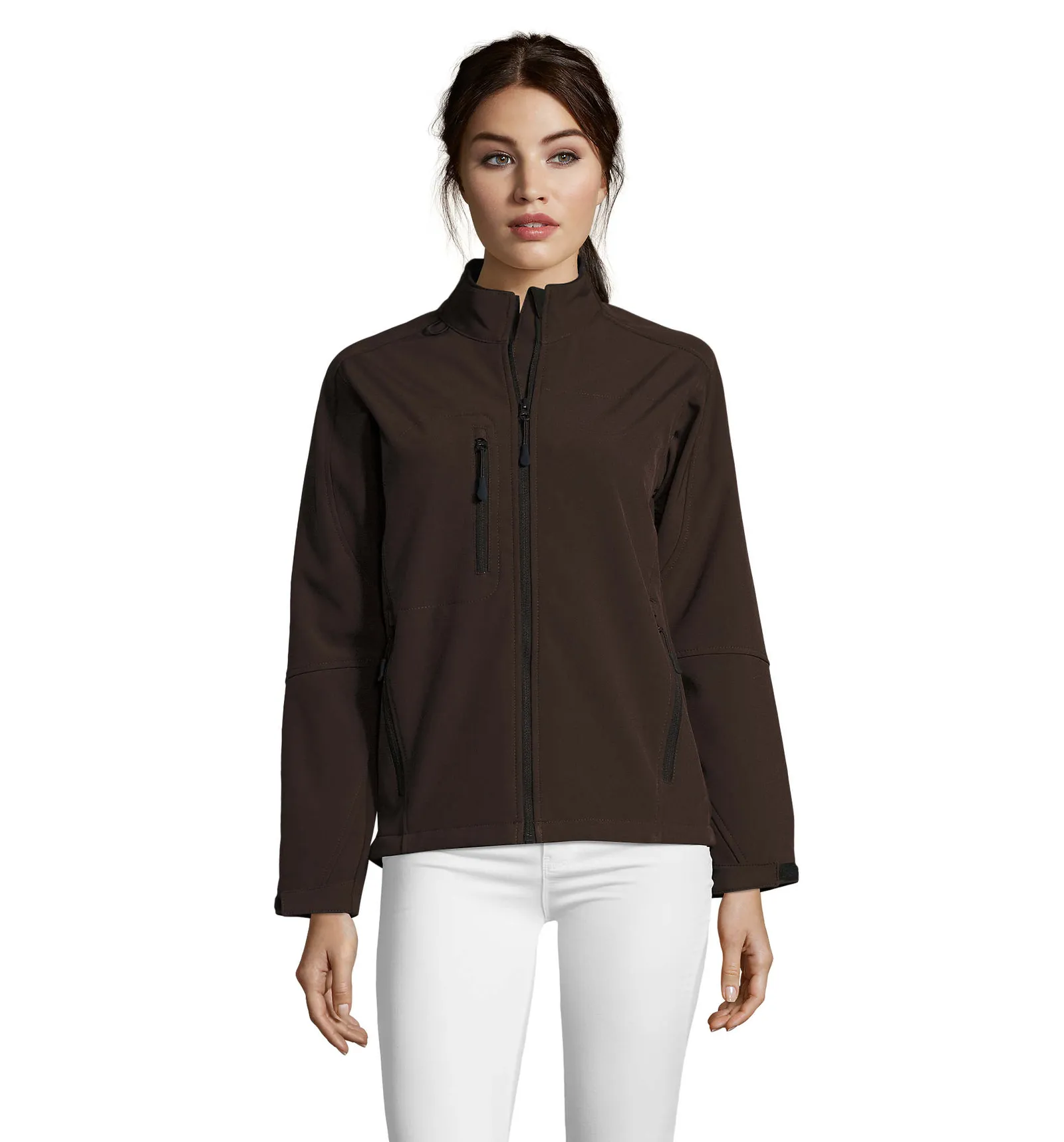 Softshell SOL'S Roxy, Dark chocolate, su modello, fronte
