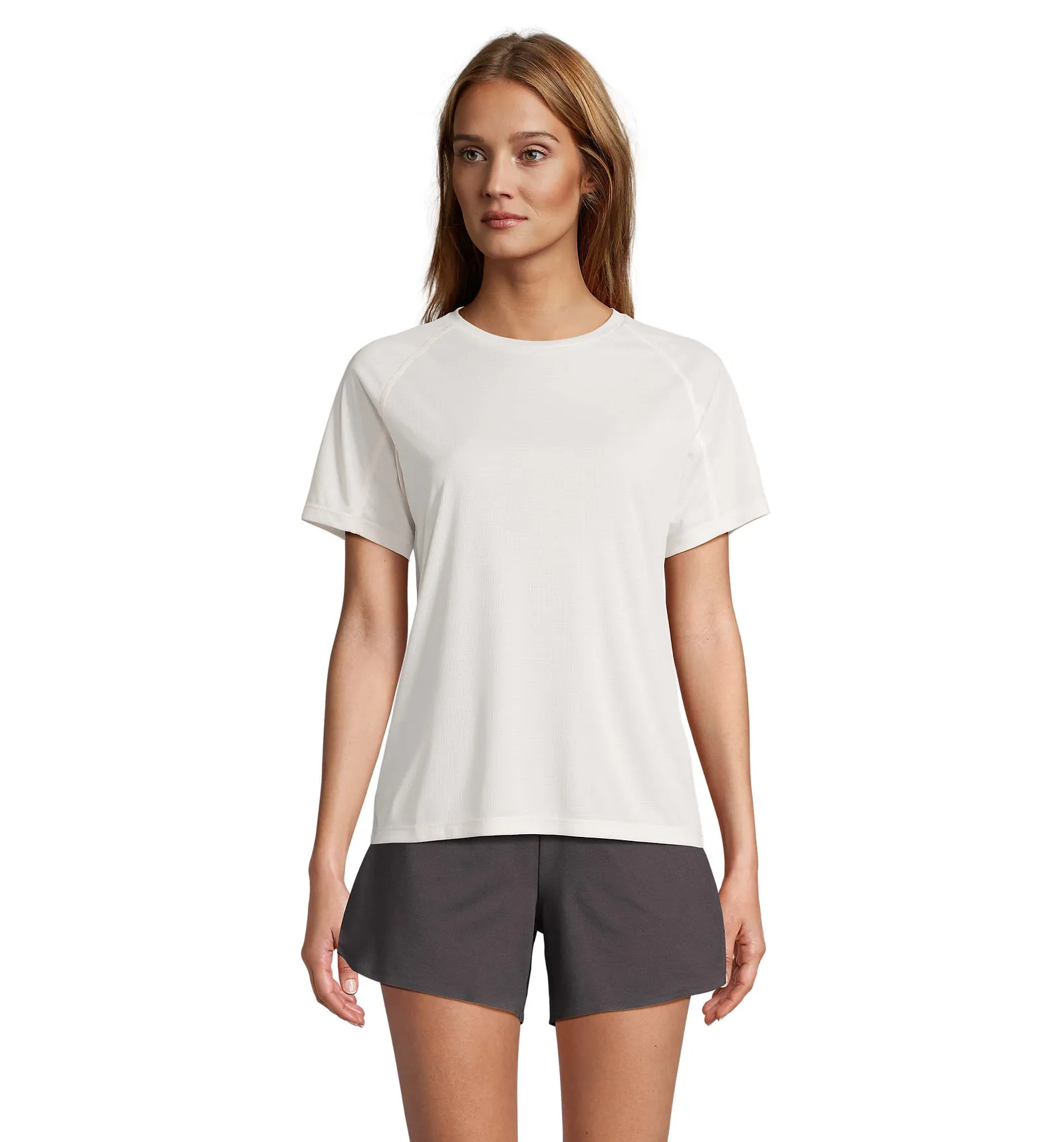T-shirt tecnica SOL'S Vortex Women, Creamy white, su modello, fronte