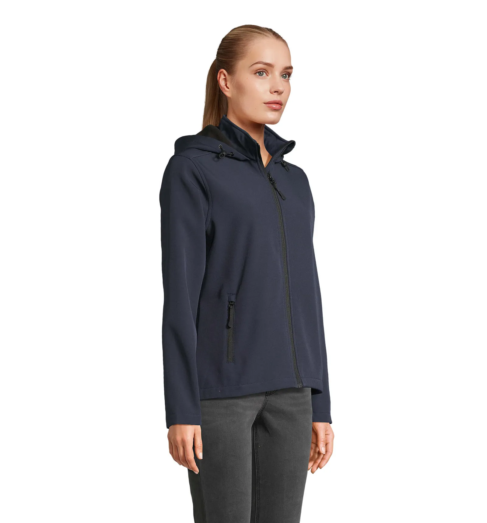 Softshell SOL'S Race Hooded Women, French navy, su modello, lato
