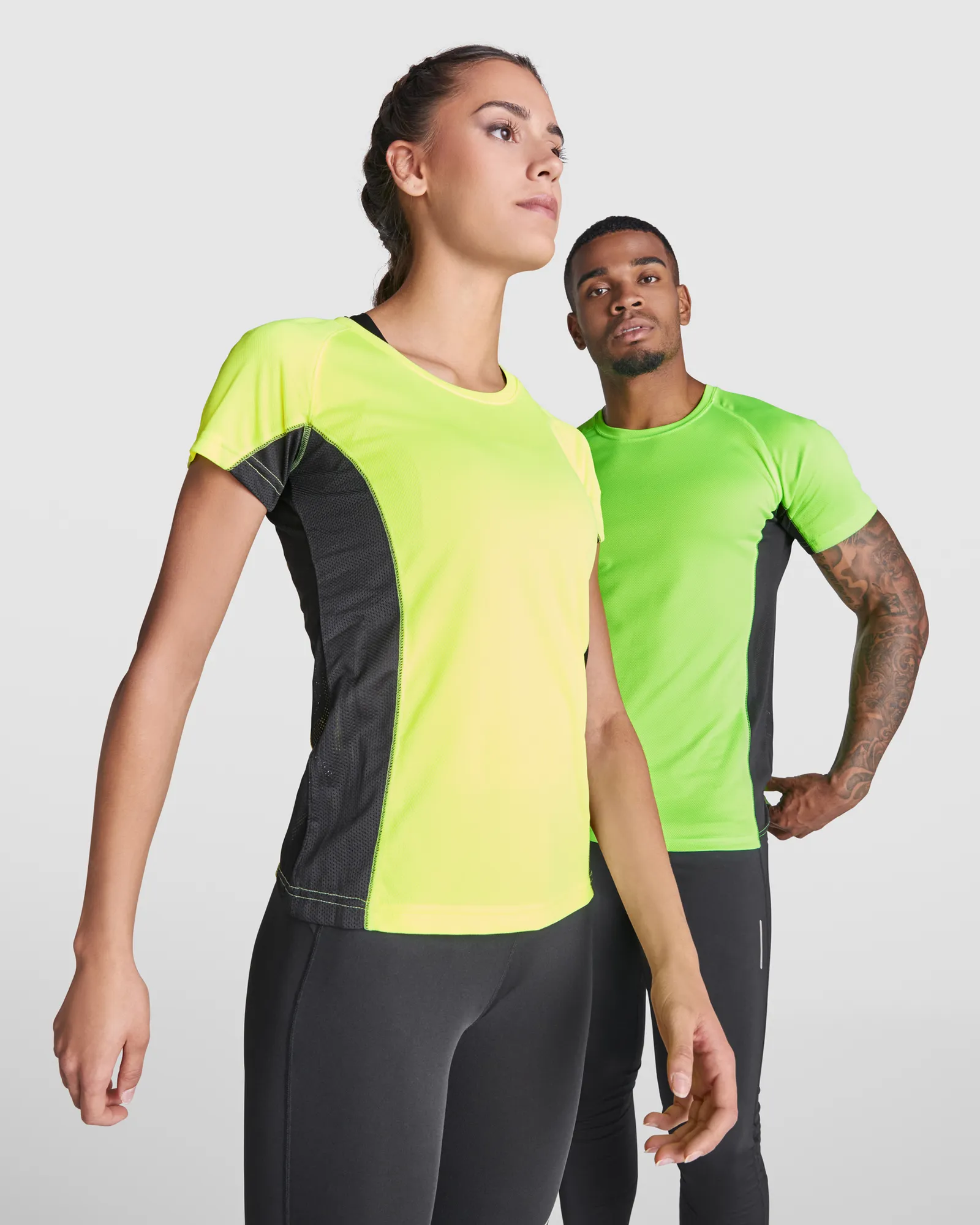 T-shirt tecnica Roly Shanghai, Verde Fluoro/Nero, dettaglio