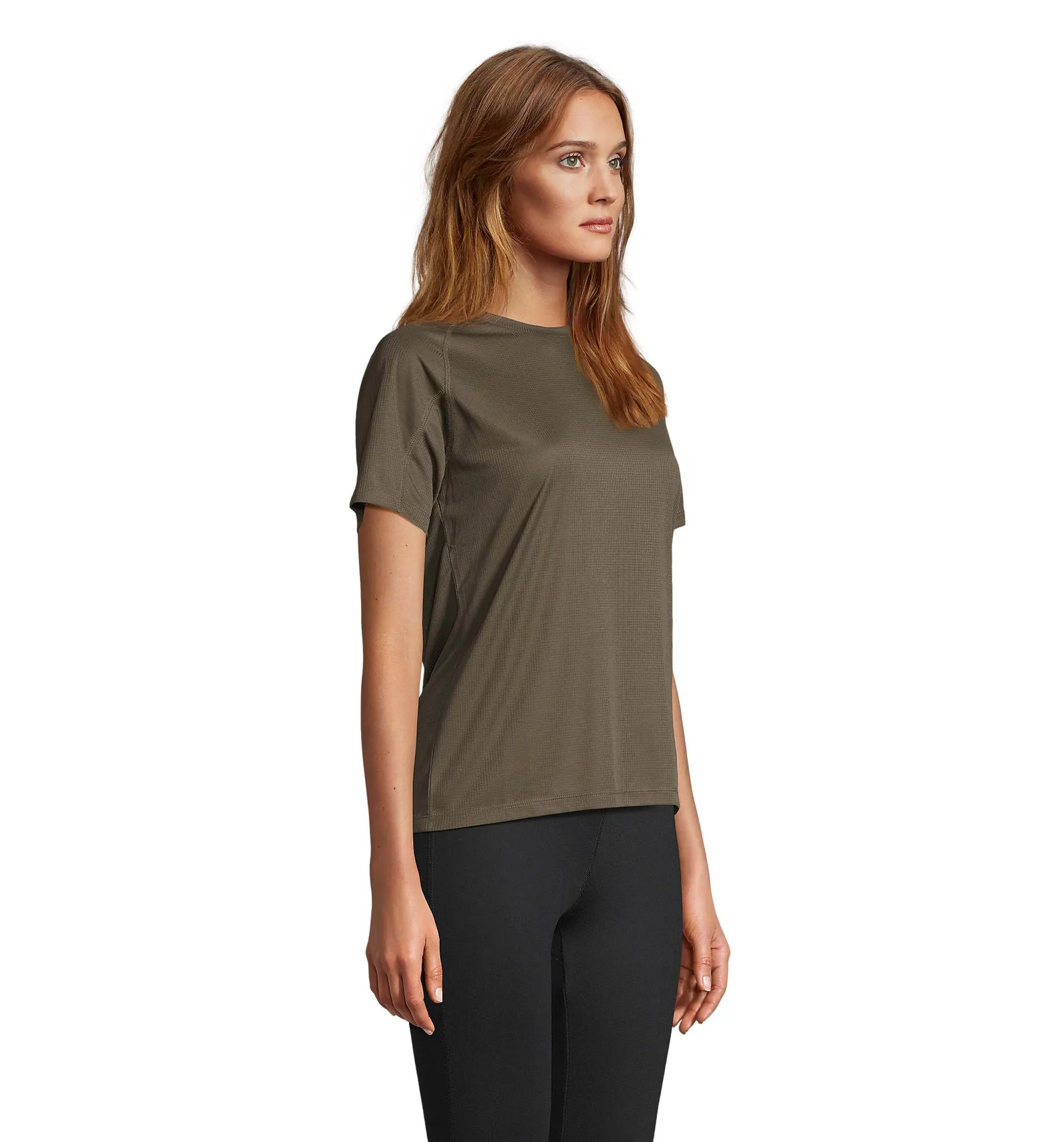 T-shirt tecnica SOL'S Vortex Women, Army, su modello, lato