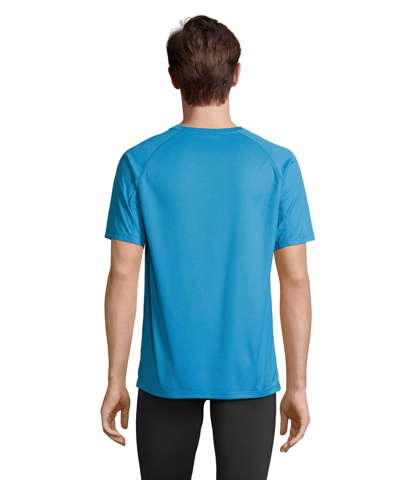 T-shirt tecnica SOL'S Vortex, Aqua, su modello, retro